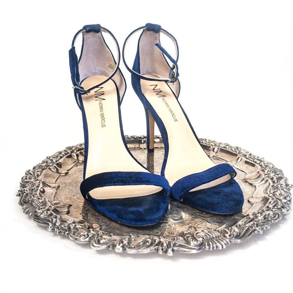 Neiman Marcus Blue Velvet Strappy Stiletto Sandals Heels Sz 8.5M - Picture 2 of 10